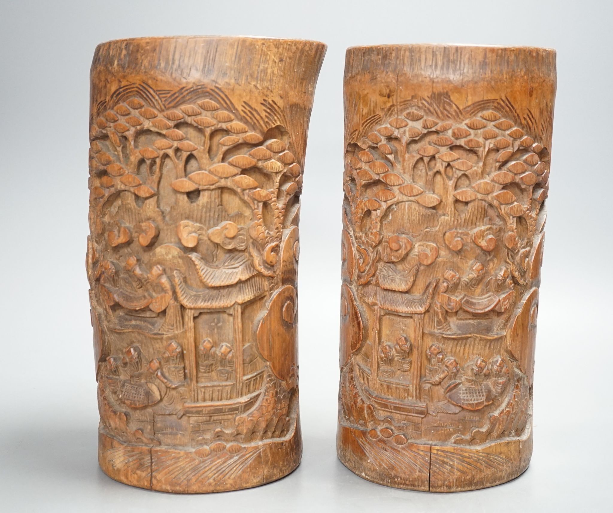 A pair of Chinese carved bamboo brush pots 25cm